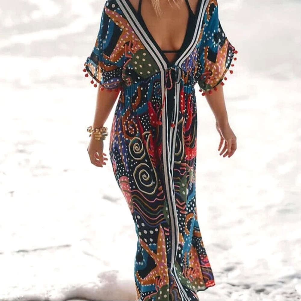 Farm Rio Anthropologie CoverUp Dress Womens L  Lobster Tassels Pom Caftan Kimono